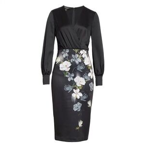 Ted Baker London ALITHEA Floral Black Opal Long Sleeve Midi Dress